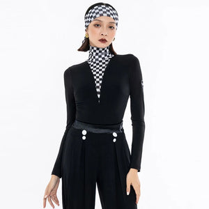 Women's Black & White Checkered Long Sleeve Turtleneck Bodysuit with Pleated Pants, Ballroom Dance