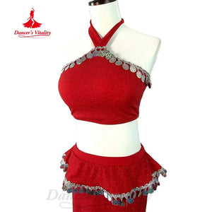 Belly Dance Costume Women's Red Halter Crop Top & Sequin Ruffle Maxi Skirt Set, Shimmer Fabric