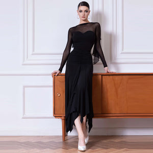 Dance Dress Women's Burgundy Mesh Long Sleeve Ruched Asymmetrical Hem Ballroom Latin Dance Dress
Dance Dress Women's Black Mesh Long Sleeve Ruched Asymmetrical Hem Ballroom Latin Dance Dress