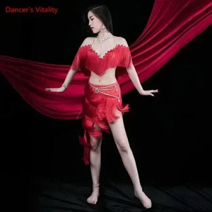 Women's Adult Belly Dance Costume Set With Tassel Bra, Rhinestone Belt And Skirt For Performance