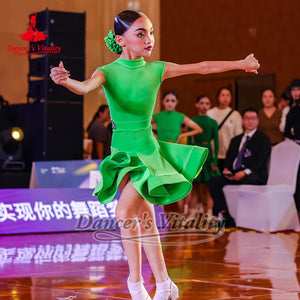 Girls Green Short Sleeve Ruffled Latin Dance Dress