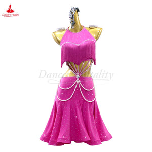 Women's Fuchsia Halter Fringe Rhinestone Pearl Latin Dance Dress