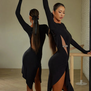 Dance Dress Women's Black Long Sleeve Side Cut-Out Asymmetrical Hem Ballroom Latin Dance Dress