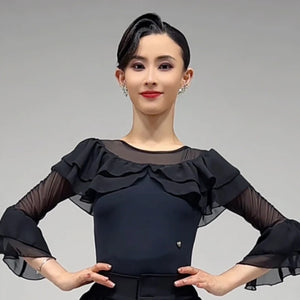 Women's Black Ruffled Mesh Long Sleeve Latin Ballroom Dance Top & Pants Set