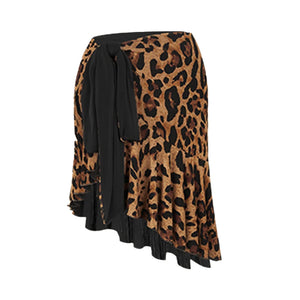 Dance Crop Top and Skirt Set Women's Black and Leopard Print Halter Neck Sweetheart Ruffle Hem Latin Dancewear