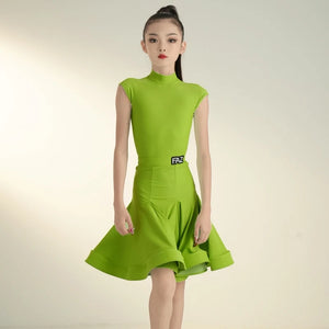 Kids Girls Ballroom Dance Dress, Sleeveless Turtleneck Lycra Ruffle Skirt, Latin Samba Cha Cha Performance Costume