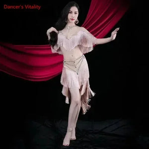 Women's Adult Belly Dance Costume Set With Tassel Bra, Rhinestone Belt And Skirt For Performance