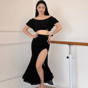 Women's Black and Red Off-Shoulder Ruffle Crop Top and High Slit Ruffled Hem Latin Dance Skirt Set