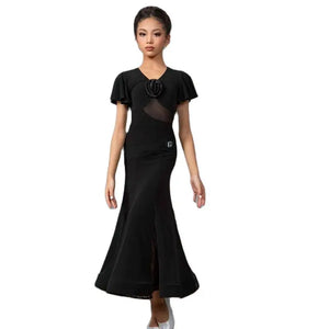 Women's Black Mesh & Ruffle Sleeve Ballroom Dance Dress with Floral Applique