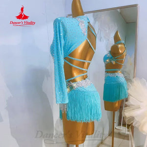 Women's Sky Blue Rhinestone Fringe Long Sleeve Latin Dance Dress