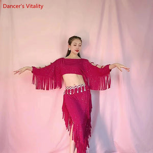 Women's Fuchsia Sequin Fringe Off-Shoulder Crop Top & Skirt Belly Dance Costume