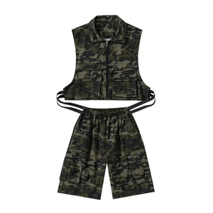 Kids Camouflage Hip Hop Dance Vest & Shorts Set, Black/Green/Red/White Cotton Blend, Street Dance