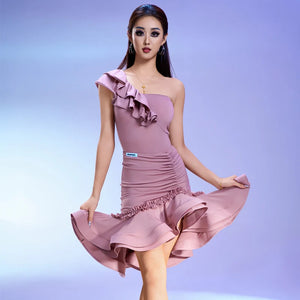 Women's Fuchsia, Purple, Black, Teal, Pink, Aqua, Red, and Beige Ruffled Asymmetrical One-Shoulder Latin Dance Dress