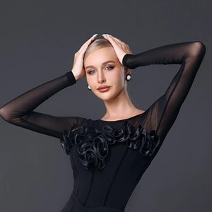 Women's Black Mesh Long Sleeve Bodysuit with Floral Ruffles & Back Buttons, Ballroom Dance