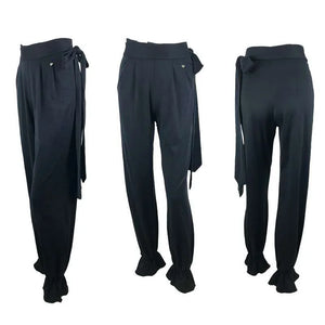 Women's Black Sheer Velvet Long Sleeve Bodysuit & Ruffled Hem Dance Pants Latin Ballroom