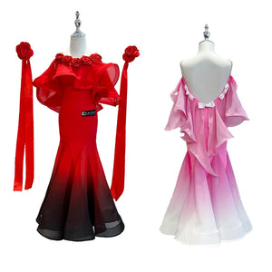 Ballroom Dance Dress Girls Red Ombre Black Ruffle Rose Off-Shoulder Long Sleeve; Ballroom Dance Dress Girls Pink Ombre White Ruffle Bow Off-Shoulder