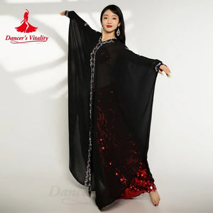 Belly Dance Women's Black Sheer Chiffon Kaftan with Silver Embroidery and Sequin Accents Tribal Fusion Costume