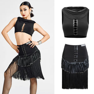 Women's Black Fringe Latin Dance Top and Skirt Set with Lacing Detail, Mesh Neckline