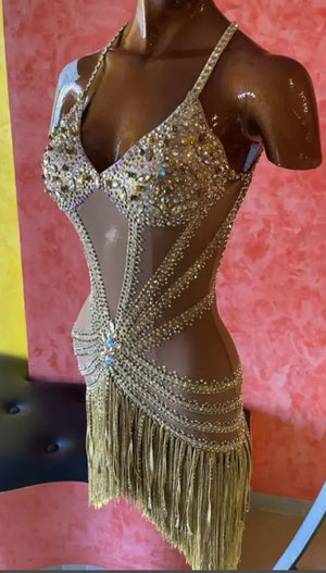 Latin Dance Dress, Women's Beige & Gold Rhinestone Fringe Halter Ballroom Dress