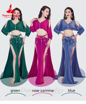 Women's Green V-Neck Crop Top and Slit Pants Set with Rhinestone Tassels, Belly Dance Costume