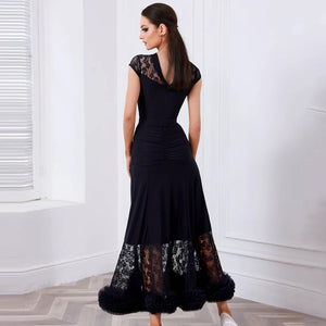 Ballroom Dance Dress Women Black Lace Ruched Long Skirt with Ruffles Latin Rhythm Smooth Standard