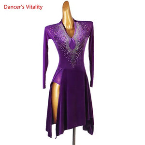 Latin Dance Dress Women Black Rhinestone Mesh Long Sleeve Keyhole Velvet Slit Skirt