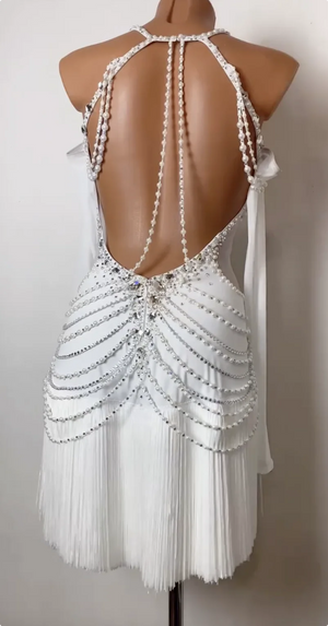 Women's White Embellished Fringe Latin Dance Dress