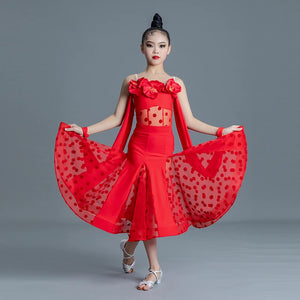 Kids Girls Latin Dance Dress, Red & Lavender Polka Dot Mesh Ruffle Salsa Ballroom Performance Costume