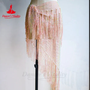 Belly Dance Hip Scarf, Women's Teal Blue Sequin Fringe Mesh Skirt, Latin Dance Hip Wrap