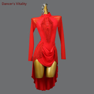 Latin Dance Dress Women's Red Fringe High-Low Hem Long Sleeve Mock Neck Mesh Bodice Rhythm Salsa Cha-Cha Rumba Samba Jive