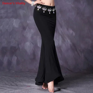 Belly Dance Skirt Women's Red Mermaid Maxi Skirt with Black Stone Belt for Performance