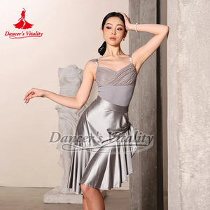 Women's Black Leotard with Pearl Straps and Ruched Mesh Bust for Latin Ballroom Dance