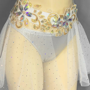 Belly Dance Women's White and Gold Sequin and Rhinestone Halter Top and Skirt Set with Sheer Overlay, Bellydance Performance Costume