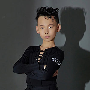 Boys Ballroom Dance Shirt with Lace-Up Neckline and High-Waisted Trousers, White, Lavender, Black Long Sleeve Latin Dance Top and Pants Set