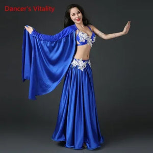Belly Dance Costume Women's Royal Blue Satin Halter Bra Skirt Set with White Floral Applique and Arm Sleeves