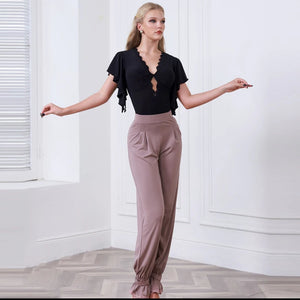 Dance Bodysuit Jumpsuit, Women's Black Lace Cutout Ruffled Sleeve Lycra Latin Dance Jumpsuit