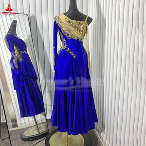 Ballroom Dance Dress Women's Royal Blue & Gold Embellished Asymmetrical Long Sleeve Standard Waltz Gown