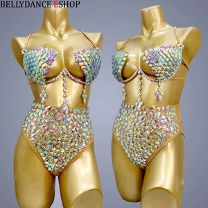 Belly Dance Costume Women's Iridescent Sequin & Rhinestone Bra and High-Waisted Briefs Set - Latin Samba Rave Performance