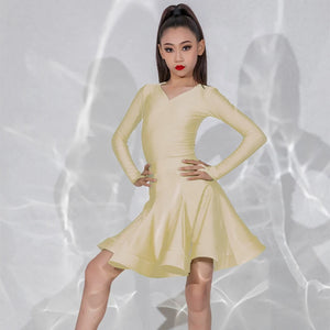 Girls Ballroom Dance Dress, Long Sleeve V-Neck Ruffle Skirt Latin Dance Costume