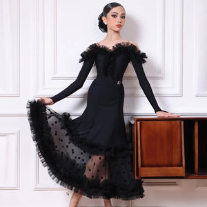 Ballroom Dance Dress Girls Black Off-Shoulder Ruffle Mesh Polka Dot Latin Dance Dress, Ballroom Dance Dress Girls Light Blue Off-Shoulder Ruffle Mesh Latin Dance Dress