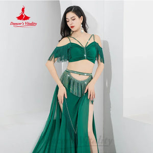 Belly Dance Costume Womens Red Chiffon Fringe & Rhinestone Off-Shoulder Crop Top & High-Slit Maxi Skirt Set