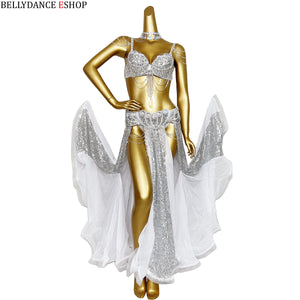 Belly Dance Costume Women Blue Sequin Chiffon Bra Belt Skirt Set with Shoulder Chains and Rhinestone Choker for Belly Dancing