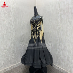 Ballroom Dance Dress Women's Black & Gold Beaded Fringe Long Sleeve Standard Smooth Competition Gown