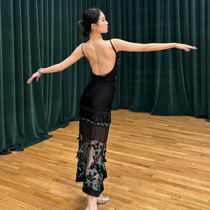 Women's Black Mesh Butterfly Appliqué Ruched Slit Backless Latin Dance Dress