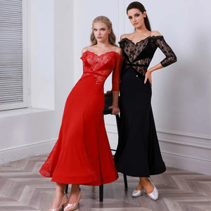 Women's Red Lace Off-Shoulder Ballroom Dance Dress with Three-Quarter Sleeves, Long Skirt