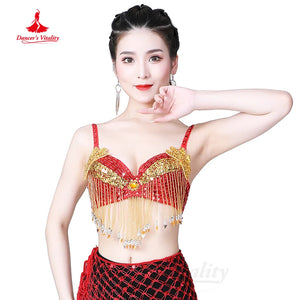 Women's Blue and Gold Sequin Beaded Fringe Belly Dance Bra Top