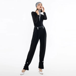 Women's Black & White Checkered Long Sleeve Turtleneck Bodysuit with Pleated Pants, Ballroom Dance