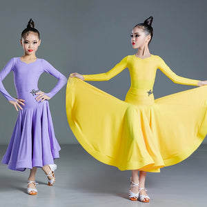 Girls' Latin Dance Dress, Lilac and Yellow Long Sleeve V-Neck Ballroom Performance Costume