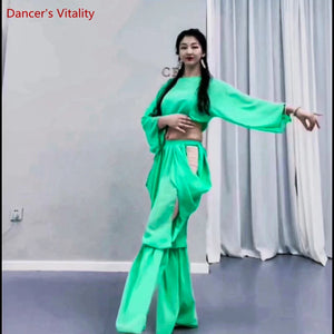 Women's Belly Dance Training Outfit With Long-Sleeve Top And Chiffon Lantern Pants