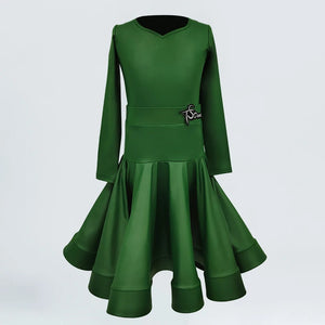 Girls Latin Dance Dress, Brown Red Black White Faux Leather Long Sleeve Skirt